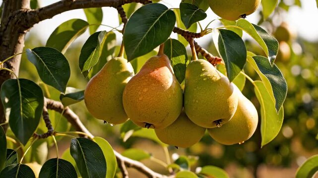 Juicy pears hanging from a branch surrounded by vibrant green leaves in bright sunlight