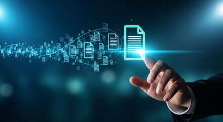 Naklejka premium A hand interacts with a glowing digital document icon surrounded by floating data symbols.