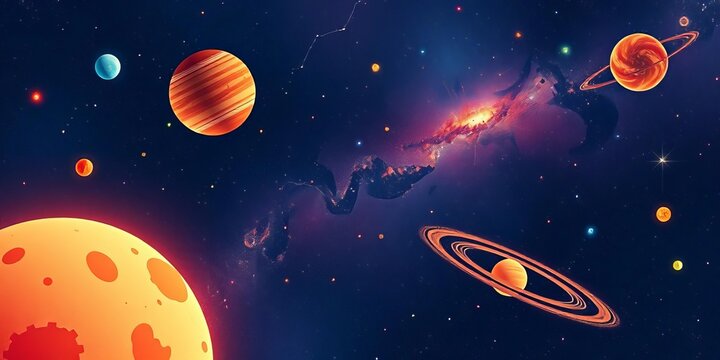 Stylized celestial bodies, constellations, and galaxies rendered in a vibrant, minimalist design,  cosmic,  nebula