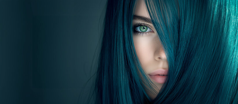 Close-up Portrait of a Beautiful Woman with Vibrant Teal Blue Hair and Green Eyes on Dark Background