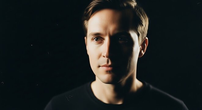 A young man with a serious expression stands in front of a dark background