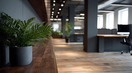 Fototapeta premium A modern office interior with lush green plants and blurred workstations showcasing a bright and professional environment