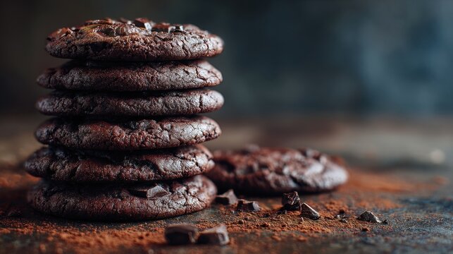 Tall stack of chocolate cookies on textured tabletop close up