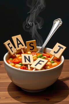 A bowl of alphabet soup where the letters are holding tiny picket signs and organizing a violent protest against the spoon.