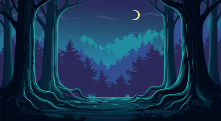 Enchanting forest scene with a crescent moon in the night sky, a digital vector illustration © Purnomo