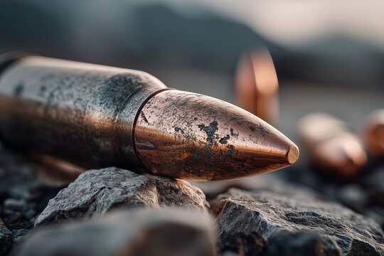 Sharp object rests on rocky surface with others in the background during a late afternoon setting near a natural location Generative AI