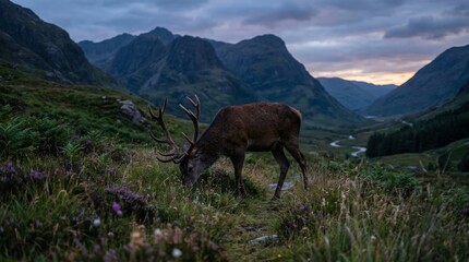 Fototapeta premium Deer Stag Grazing in Scottish Mountain Valley at Twilight with Winding River