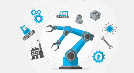 Fototapeta premium Futuristic manufacturing automation with robotic arm and industry process icons illustration