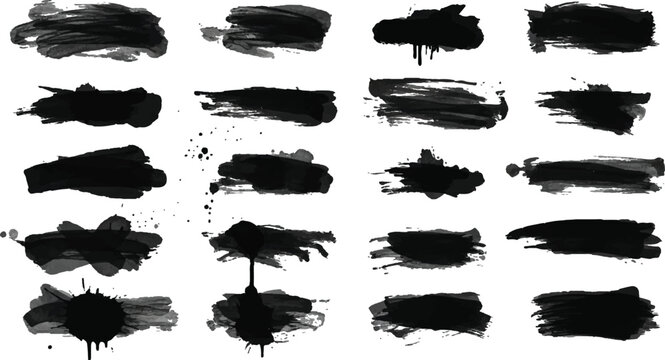 A versatile set of heavy black ink textures featuring hand-painted brush strokes and realistic paint splatters.