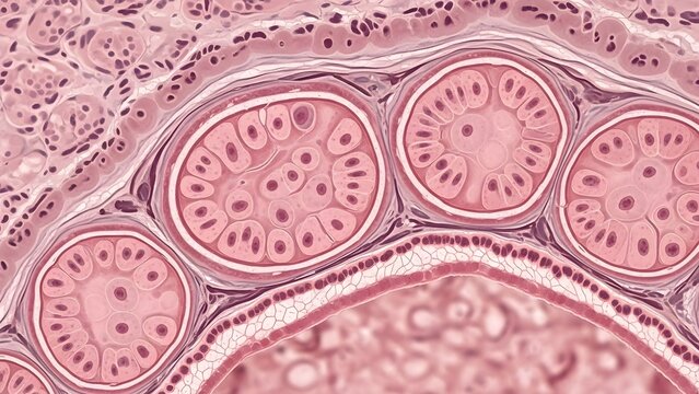 High detailed anatomical medical illustration of intestinal cross‑section histology showing circular smooth muscle layers, mucosa, villi and crypts under microscope, perfect for gastrointestinal patho