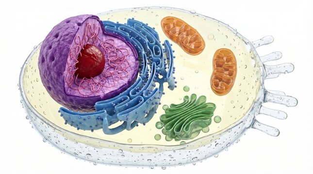 Highly detailed 3D medical illustration of a eukaryotic cell cross section showing internal organelles nucleus mitochondria and golgi apparatus for biology textbooks and anatomical studies