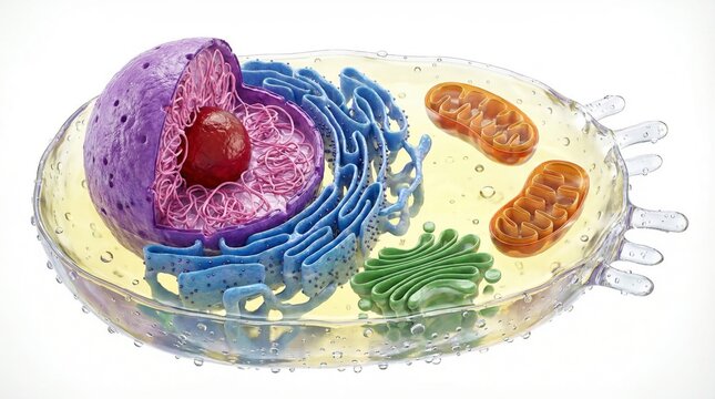 Cross sectional view of an isolated eukaryotic cell 3D model revealing intricate inner organelles and purple nucleus perfectly suited for academic science materials and biological educational posters