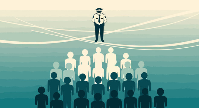 Governance concept with policeman overseeing diverse citizens unity representation
