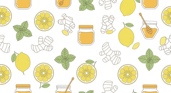 Seamless pattern featuring lemon slices ginger root honey jars and fresh green mint leaves icons