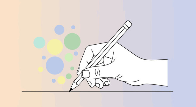 Hand holding pencil drawing on a line with colorful pastel circles background