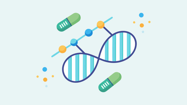 Minimalist vector illustration of DNA double helix structure with green dots, clean modern science and genetics concept isolated on white.