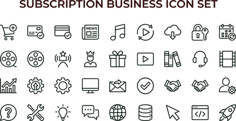 Fototapeta premium Subscription business outline icon set featuring media analytics marketing automation dashboard interface symbols for digital service applications
