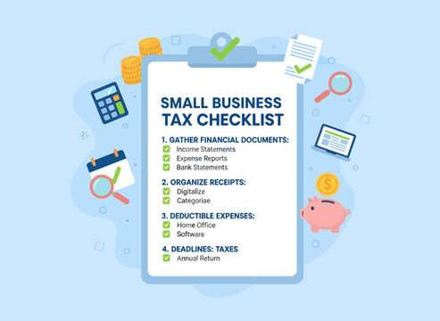 Businessman checks small business tax checklist with documents on desk