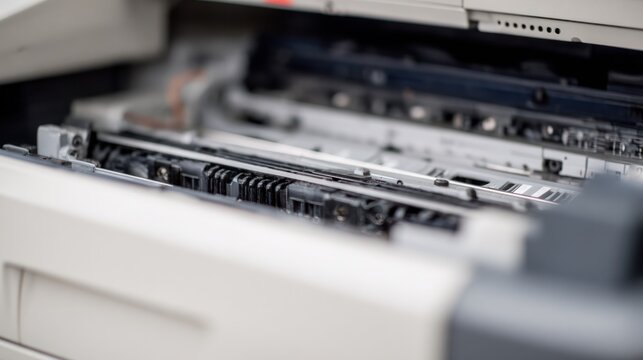 Detailed view of a thermal roller mechanism inside an office copier. product launch decks, UI/UX mockups, designed for product launches and innovation pitches, used by web designers.