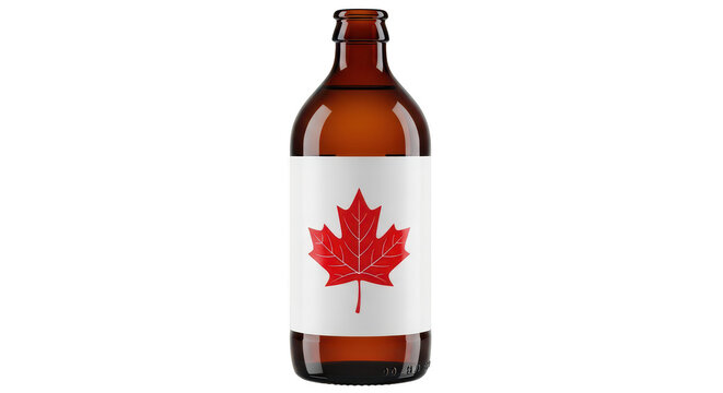 Bottle of beer featuring a red maple leaf logo on its label isolated on transparent background