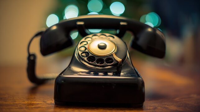 Classic rotary telephone on a wooden desk, symbolizing connection and support. product launch decks, UI/UX mockups, designed for product launches and innovation pitches.