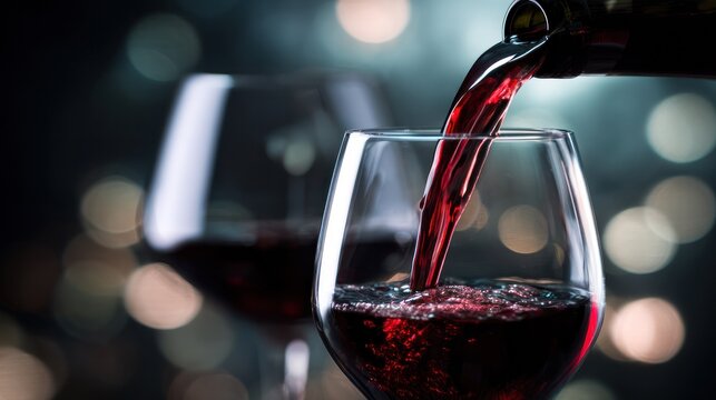 Red wine pouring into a crystal glass with graceful swirling motion against a dark backdrop, highlighting elegance and richness, ideal for bar promotions and beverage packaging visuals.