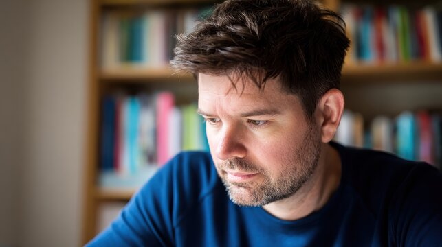Programmer at desk focused on work, soft natural light from window with blurred bookshelf background. product launch decks.
