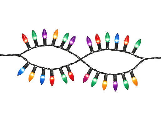 Colorful string of holiday lights forming a circular wreath shape isolated on transparent background