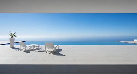 Fototapeta premium Modern luxury villa with infinity pool overlooking the ocean, minimalist white lounge chairs and table on a sunny day
