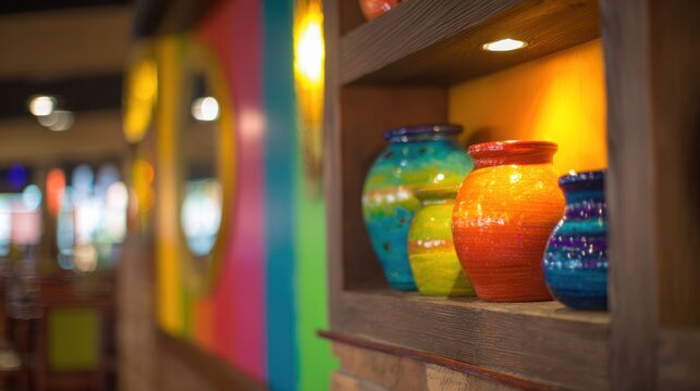 A vibrant Mexican restaurant interior with colorful decor and traditional pottery, evoking a cozy cultural ambiance. event programs.