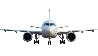 Fototapeta premium White airplane with nose and wing lights aircraft isolated on a transparent background