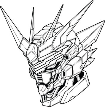 Black and white line art illustration of a detailed mechanical gundam robot head for coloring