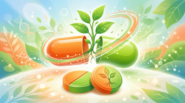 Natural herbal medicine concept, green plant growing from open medical capsule, organic supplement pills and tablets for holistic wellness