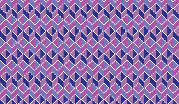 Vibrant geometric diamond pattern with optical illusion effect, colorful abstract triangles and parallelograms in purple pink blue violet symmetry
