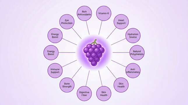 Purple Grape Health Benefits Infographic with 14 Labeled Circles on a Light Purple Background