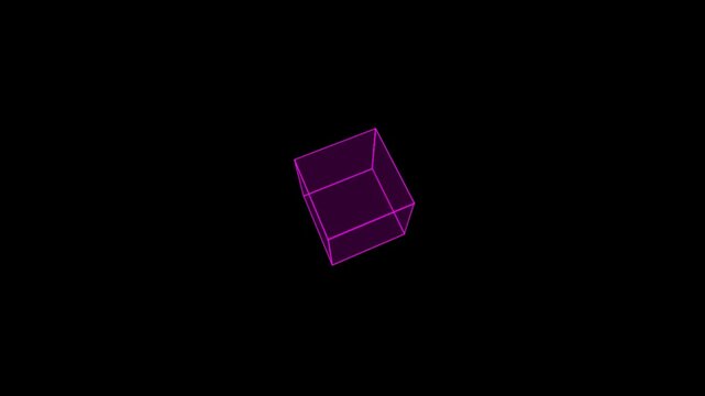 Illuminated Magenta Wireframe Cube Rotating on a Black Plane