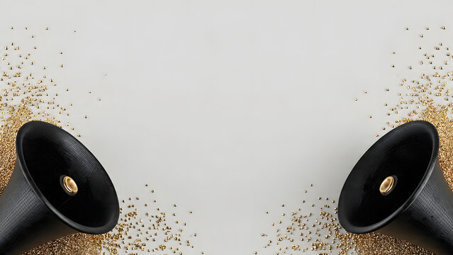 two black, cone-shaped objects with gold-colored rims facing each other, positioned on a textured white background.