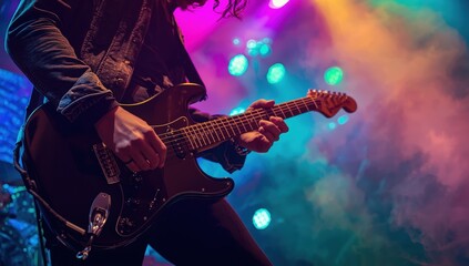 Obraz premium Denim-clad guitarist's hand on fretboard under vibrant stage lights.