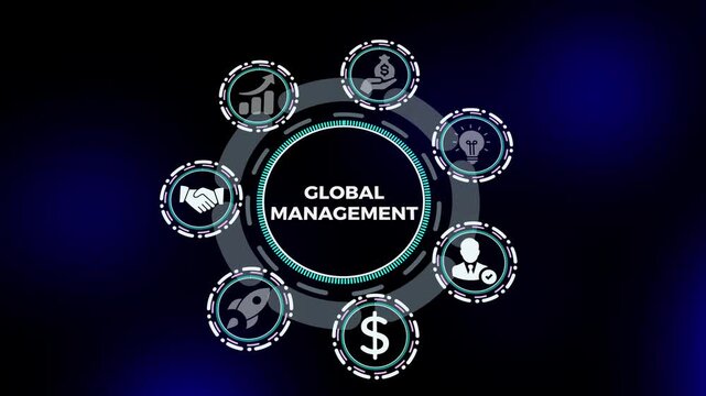 Global management dashboard showing international business operations, leadership strategy interface, and corporate coordination visualization.