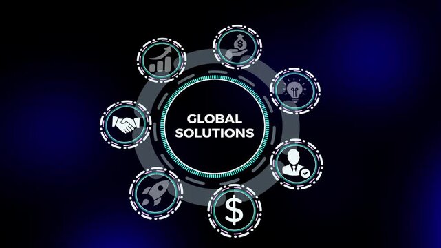 Global solutions concept with international business services dashboard, strategic problem solving analytics, and enterprise innovation interface.