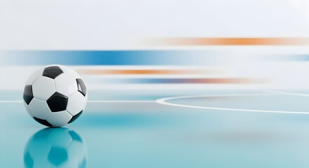 Naklejka premium Soccer Ball on Futsal Court with Dynamic Motion Background Illustrating Indoor Sports Energy