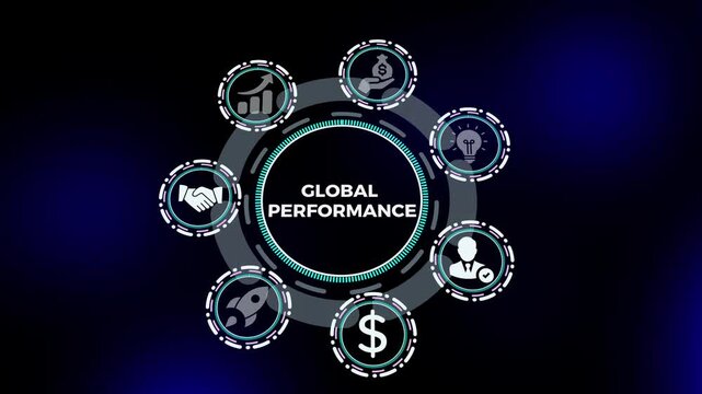 Global performance concept with international business analytics dashboard, financial metrics indicators, and corporate evaluation visualization.