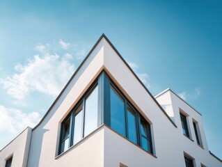 Obraz premium Modern minimalist white house exterior with sharp roof lines and large glass windows against blue sky architectural design concept