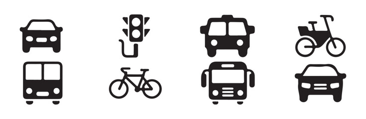 Set of transport icons for cars bicycles buses and traffic lights on white background © MST