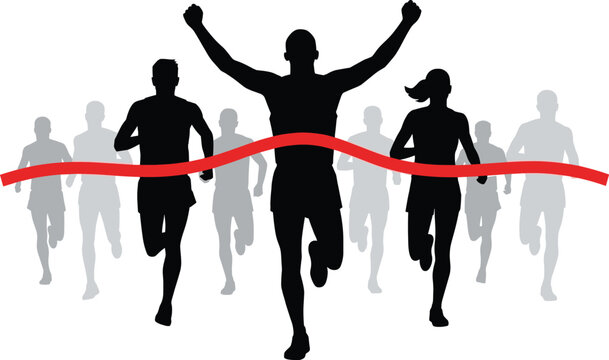 Silhouette of male winner crossing finish line red ribbon with diverse runners marathon race competition victory success achievement sports concept