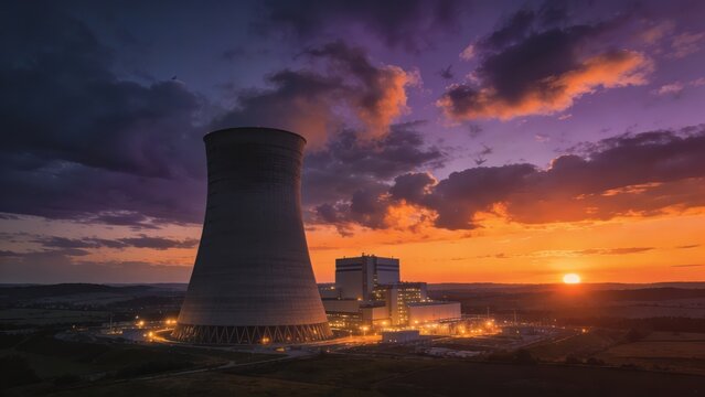 Dusk at Dukovany Nuclear Power Plant's cooling tower.