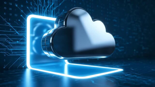 A shiny metallic cloud icon appears from a bright neon blue square portal against a dark, digital circuit board background. Represents cloud computing technology and data access.