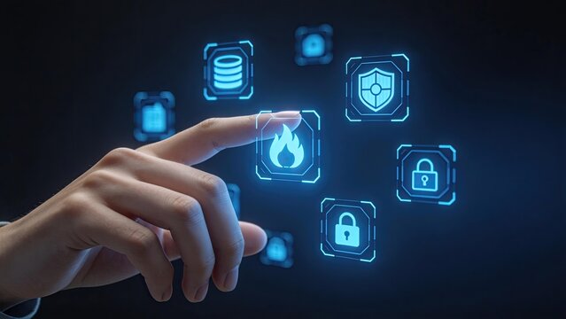 Hand touching holographic interface with security icons firewall data protection cyber safety futuristic technology concept digital shield lock database glowing blue symbols on dark background