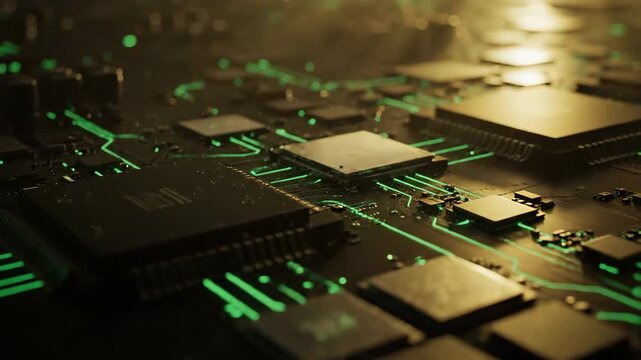 Detailed macro shot of a futuristic circuit board with glowing green lines indicating data flow. Focus on electronic components and intricate pathways.