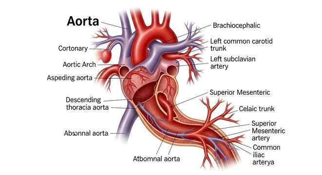 High detailed anatomical illustration of the aorta showing ascending, arch, descending thoracic and abdominal segments with coronary, brachiocephalic, carotid, subclavian, celiac, mesenteric and iliac